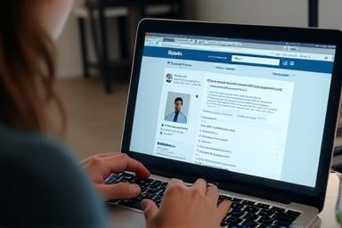 Person viewing and optimizing a professional LinkedIn profile on a laptop