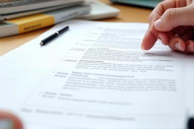 Close up of a professional resume document being reviewed on a desk