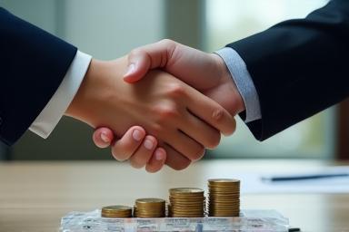 Two business people shaking hands over a stack of Australian coins